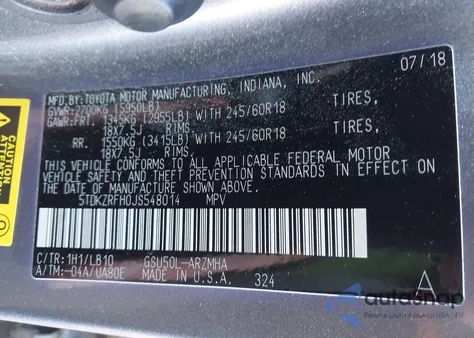 2018 Toyota Highlander Xle from USA, damaged, VIN 5TDKZRFH0JS548014